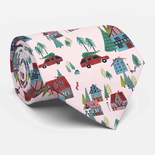 Feestelijk Roze Dorp & Car Tree Retro Kerstmis Stropdas (Opgerold)