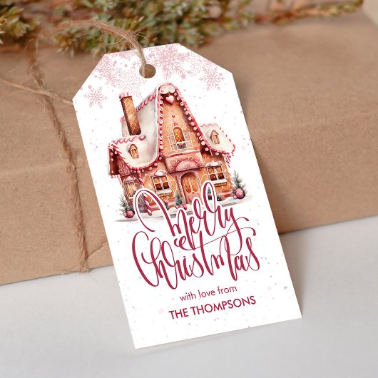 Feestelijk roze kerst favoriet huis van peperkoek cadeaulabel