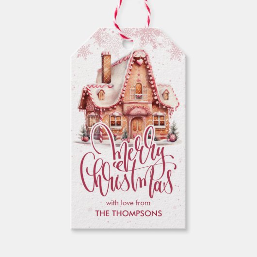 Feestelijk roze peperkoekhuisje Kerst favoriet Cadeaulabel (Voorkant)