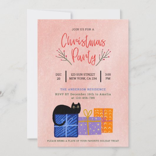 Feestelijk Schattige Zwart Kat Koffie Roze Kerstfe Feestdagenkaart (Voorkant)