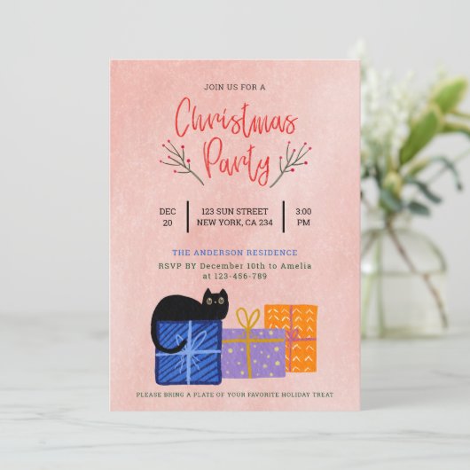 Feestelijk Schattige Zwart Kat Koffie Roze Kerstfe Feestdagenkaart (Staand voorkant)