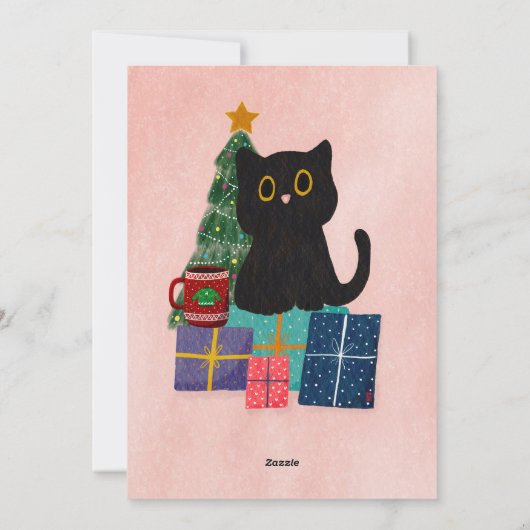 Feestelijk Schattige Zwart Kat Koffie Roze Kerstfe Feestdagenkaart (Achterkant)