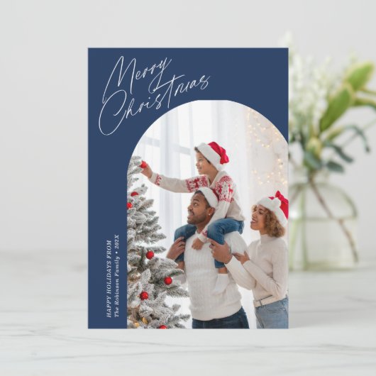 Feestelijk script Blue Christmas Arch Feestdagenkaart (Staand voorkant)