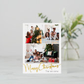 Feestelijk Script Drie-foto Merry Christmas Gold Folie Feestdagen Briefkaart (Staand Voorkant)