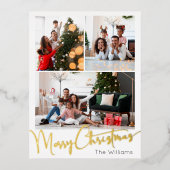 Feestelijk Script Drie-foto Merry Christmas Gold Folie Feestdagen Briefkaart (Voorkant)