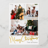 Feestelijk Script Drie-foto Merry Christmas Gold Folie Feestdagenkaart (Voorkant)