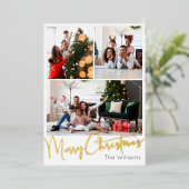 Feestelijk Script Drie-foto Merry Christmas Gold Folie Feestdagenkaart (Staand Voorkant)