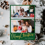 Feestelijk Script Groen 2 foto Merry Christmas Gol Folie Feestdagen Briefkaart<br><div class="desc">Vier het seizoen met dit feestelijke script groen 2 foto Merry Christmas gold folie vakantie briefkaart met een vleugje elegante charme. Het chique ontwerp toont een eenvoudig goud-en-groen kleurenpalet, dat de gezellige sfeer van de winter oproept. De moderne en unieke aantrekkingskracht en rustieke bewoording creëer zorgt voor een perfecte balans...</div>