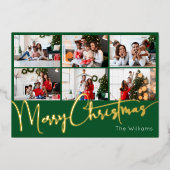Feestelijk Script Groen 9 Foto Merry Christmas Gol Folie Feestdagenkaart (Voorkant)