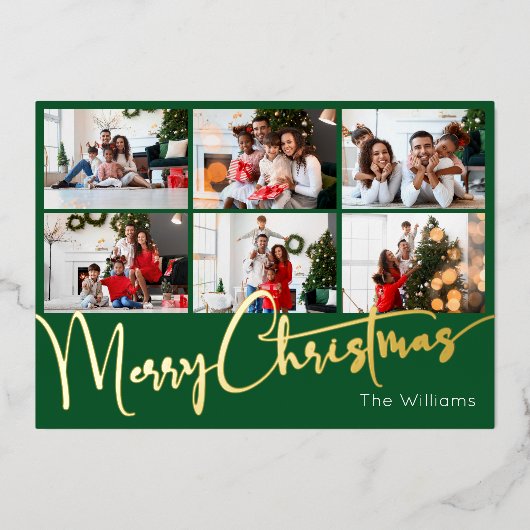 Feestelijk Script Groen 9 Foto Merry Christmas Gol Folie Feestdagenkaart (Voorkant)