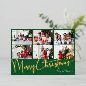 Feestelijk Script Groen 9 Foto Merry Christmas Gol Folie Feestdagenkaart (Staand Voorkant)