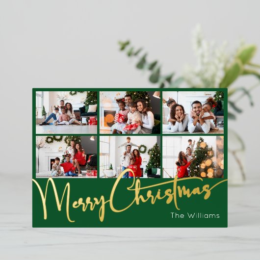 Feestelijk Script Groen 9 Foto Merry Christmas Gol Folie Feestdagenkaart (Staand Voorkant)