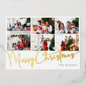 Feestelijk Script Negen-foto Merry Christmas Gold Folie Feestdagenkaart (Voorkant)