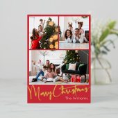 Feestelijk Script Rood 3 Foto Merry Christmas Gold Folie Feestdagenkaart (Staand Voorkant)