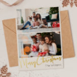 Feestelijk Script Twee-foto Merry Christmas Gold Folie Feestdagenkaart<br><div class="desc">Vier het seizoen met dit feestelijke script twee-foto Merry Christmas gouden folie vakantie kaart met een vleugje elegante charme. Het chique ontwerp toont een eenvoudig goud-en-wit kleurenpalet, dat de gezellige sfeer van de winter oproept. De moderne en unieke aantrekkingskracht en rustieke bewoording creëer zorgt voor een perfecte balans tussen seizoensgebonden...</div>