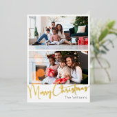 Feestelijk Script Twee-foto Merry Christmas Gold Folie Feestdagenkaart (Staand Voorkant)