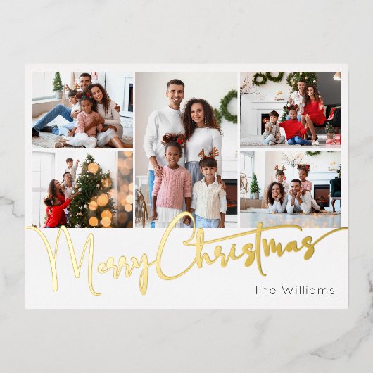 Feestelijk Script Vijf-foto Merry Christmas Gold Folie Feestdagen Briefkaart (Voorkant)