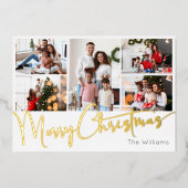 Feestelijk Script Vijf-foto Merry Christmas Gold Folie Feestdagenkaart (Voorkant)
