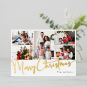 Feestelijk Script Vijf-foto Merry Christmas Gold Folie Feestdagenkaart (Staand Voorkant)