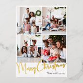 Feestelijk Script Zeven-foto Merry Christmas Gold Folie Feestdagenkaart (Voorkant)