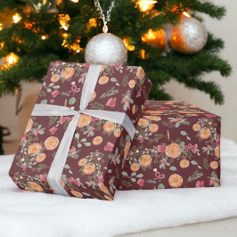 Feestelijk Sinaasappel Pijnboombloem Waterverf Vak Cadeaupapier