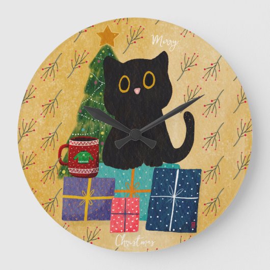 Feestelijk Sinaasappel Vrolijk Kerstfeest Zwart Ka Grote Klok (Voorkant)