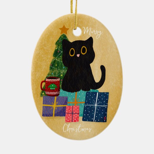 Feestelijk Sinaasappel Vrolijk Kerstfeest Zwart Ka Keramisch Ornament (Achterkant)