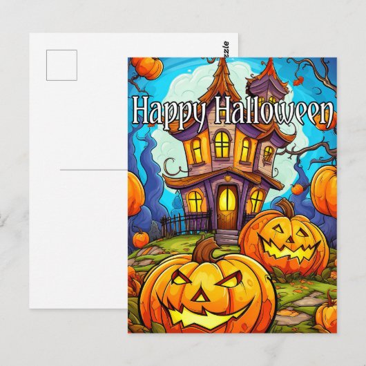 Feestelijk spookhuis | Happy Halloween Briefkaart (Voorkant / Achterkant)