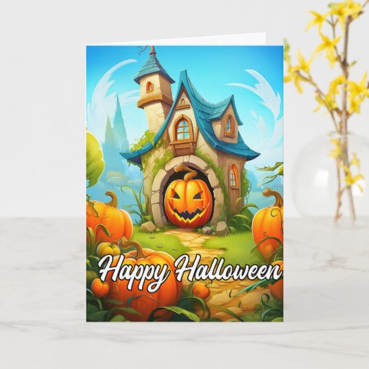Feestelijk spookhuis | Happy Halloween Kaart (Gele Bloem)