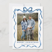 Feestelijk stoffig blauwe kerst lint strik 2 foto feestdagenkaart (Voorkant)