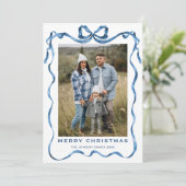 Feestelijk stoffig blauwe kerst lint strik 2 foto feestdagenkaart (Staand voorkant)