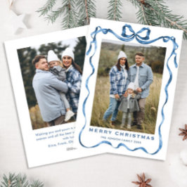 Feestelijk stoffig blauwe kerst lint strik 2 foto feestdagenkaart