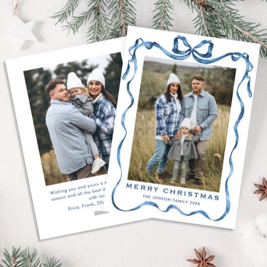 Feestelijk stoffig blauwe kerst lint strik 2 foto feestdagenkaart