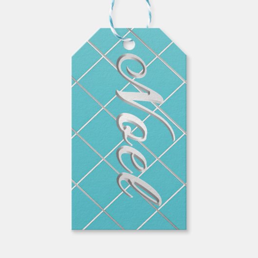 Feestelijk Turquoise Blauw & Zilver 'Noel' Decorat Cadeaulabel (Voorkant)