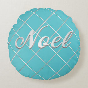Feestelijk Turquoise Blauw & Zilver 'Noel' Decorat Rond Kussen