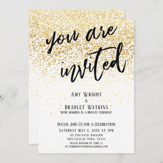 Feestelijk U Bent Uitgenodigd Gouden Confetti Ontv Kaart (Voorkant / Achterkant)