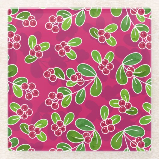 Feestelijk veenbessenbladerpatroon, Fuchsia Glazen Onderzetter (Voorkant)