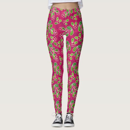 Feestelijk veenbessenbladerpatroon, Fuchsia Leggings (Voorkant)