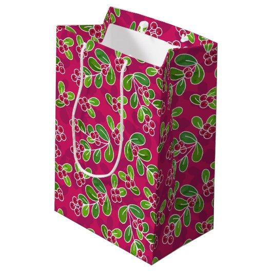 Feestelijk veenbessenbladerpatroon, Fuchsia Medium Cadeauzakje (Achterkant Gekanteld)
