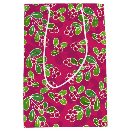 Feestelijk veenbessenbladerpatroon, Fuchsia Medium Cadeauzakje (Voorkant)