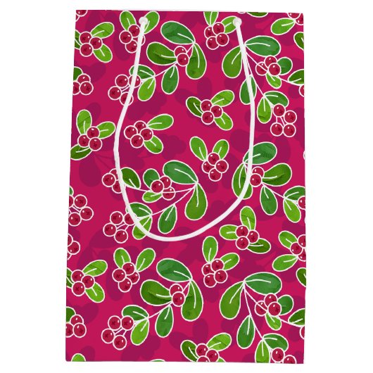 Feestelijk veenbessenbladerpatroon, Fuchsia Medium Cadeauzakje (Achterkant)