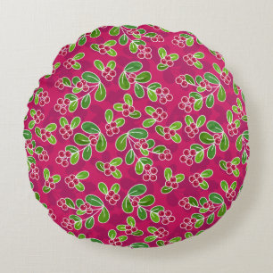Feestelijk veenbessenbladerpatroon, Fuchsia Rond Kussen