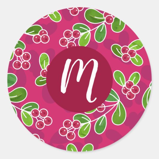 Feestelijk veenbessenbladerpatroon, Fuchsia Ronde Sticker (Voorkant)