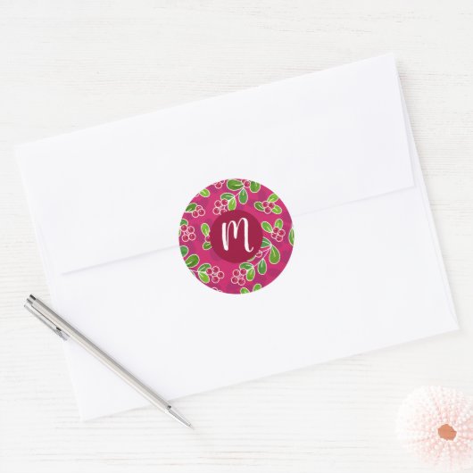 Feestelijk veenbessenbladerpatroon, Fuchsia Ronde Sticker (Envelop)