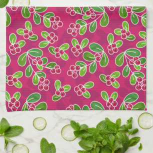 Feestelijk veenbessenbladerpatroon, Fuchsia Theedoek