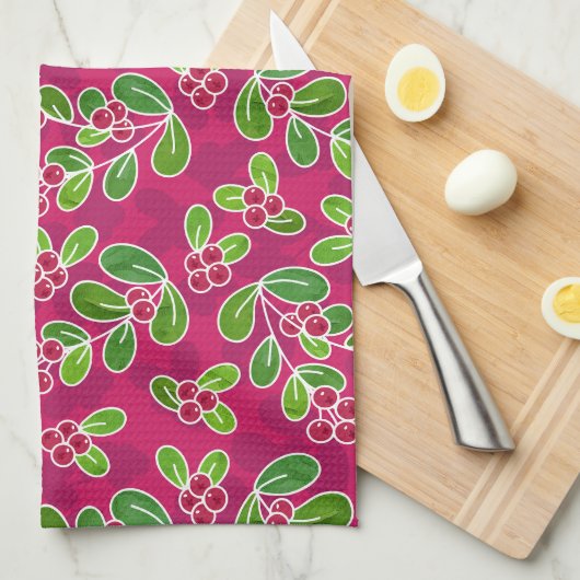 Feestelijk veenbessenbladerpatroon, Fuchsia Theedoek (Quarter Fold)