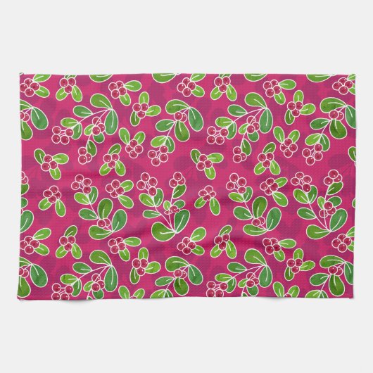 Feestelijk veenbessenbladerpatroon, Fuchsia Theedoek (Horizontaal)