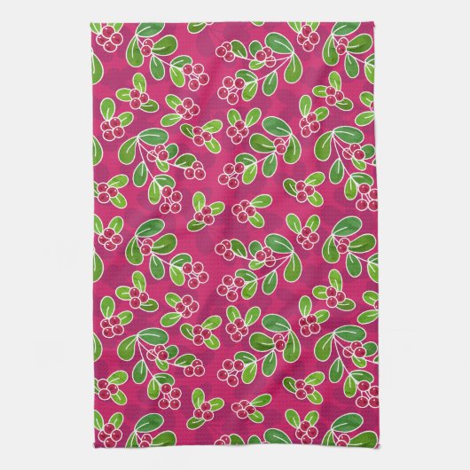 Feestelijk veenbessenbladerpatroon, Fuchsia Theedoek (Verticaal)