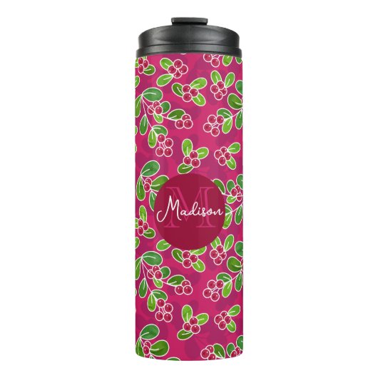 Feestelijk veenbessenbladerpatroon, Fuchsia Thermosbeker (Voorkant)