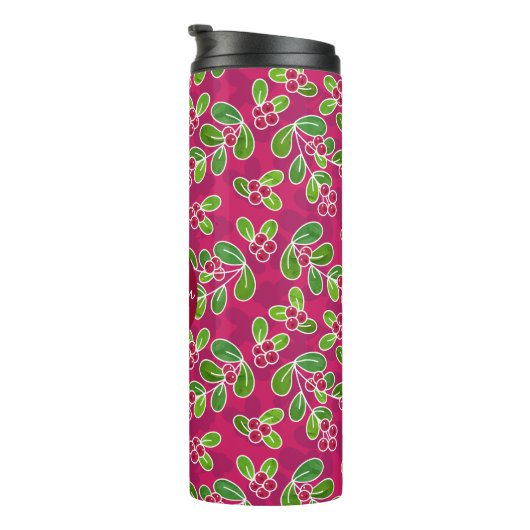 Feestelijk veenbessenbladerpatroon, Fuchsia Thermosbeker (Geroteerd rechts)